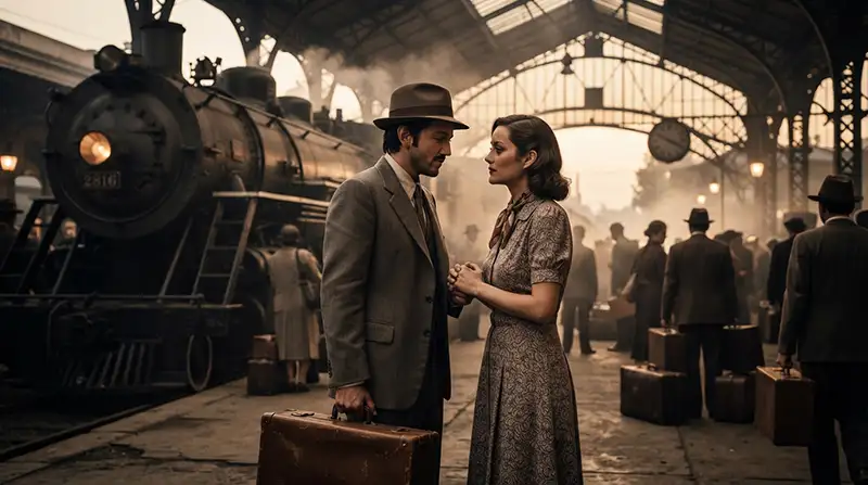 “Pareja despidiéndose en una estación de tren durante los años cuarenta, evocando el significado de ‘Bésame Mucho’.”