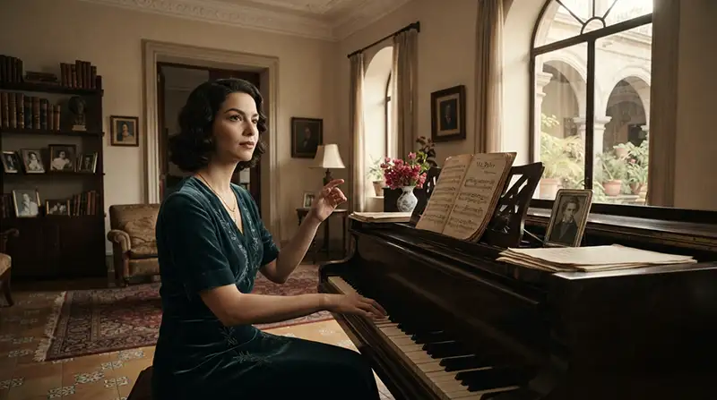 “Joven pianista mexicana, inspirada en Consuelo Velázquez, componiendo una melodía al piano en la Ciudad de México a finales de los años treinta.”