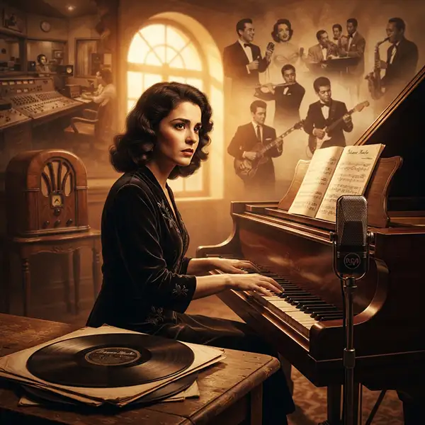 “Consuelo Velázquez al piano junto a elementos que representan la expansión internacional de ‘Bésame Mucho’.”