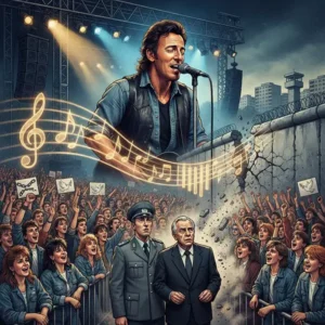 Bruce Springsteen interpreta Chimes of Freedom mientras la música simbólicamente atraviesa una barrera ante una multitud en Berlín Este.