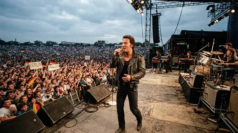 Bruce Springsteen habla ante una multitud de jóvenes durante su histórico concierto de 1988 en Berlín Este.