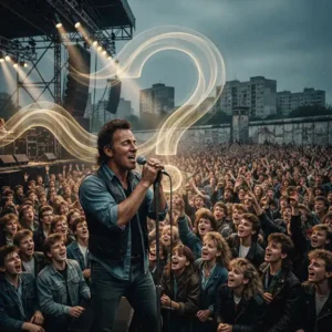 Bruce Springsteen frente a una multitud en Berlín Este con un signo de interrogación formado por las luces del concierto, símbolo de una trivia histórica sobre aquella noche.