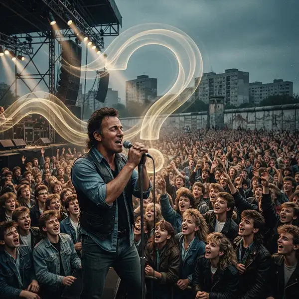 Bruce Springsteen frente a una multitud en Berlín Este con un signo de interrogación formado por las luces del concierto, símbolo de una trivia histórica sobre aquella noche.