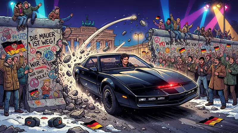 Automóvil negro inspirado en KITT atravesando el Muro de Berlín mientras un personaje inspirado en David Hasselhoff lo conduce, en una escena humorística ambientada en 1989.