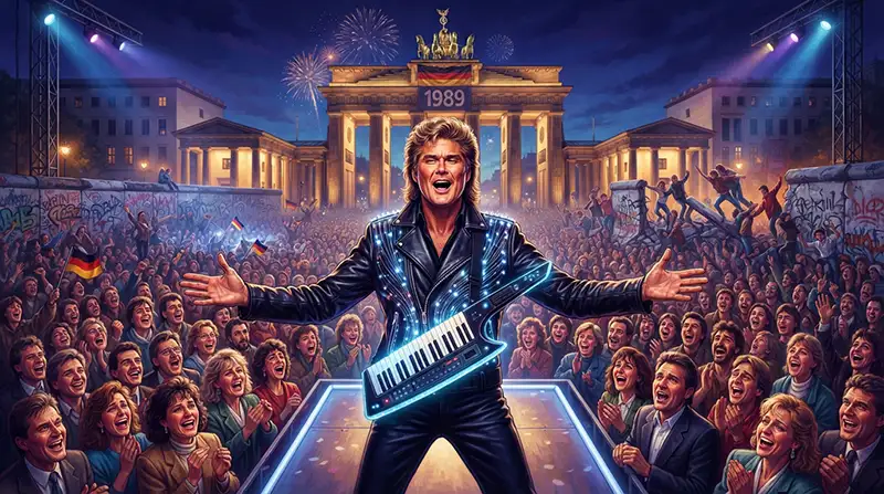 Cantante inspirado en David Hasselhoff interpretando «Looking for Freedom» ante una multitud en Berlín durante la celebración de Año Nuevo de 1989.