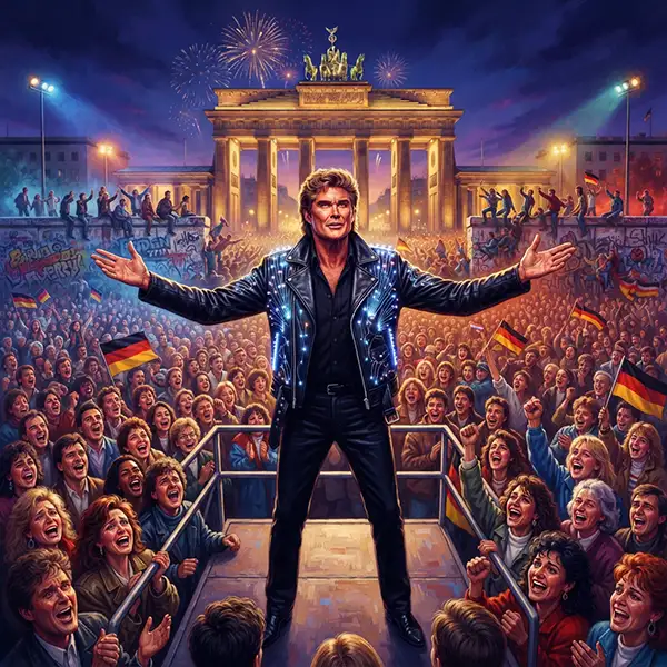 David Hasselhoff inspirado en su actuación de 1989 ante una multitud junto al Muro de Berlín durante la celebración de la libertad.