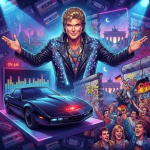 David Hasselhoff inspirado en los años 80 junto a un automóvil futurista inspirado en KITT y el Muro de Berlín en una ilustración de trivia musical.