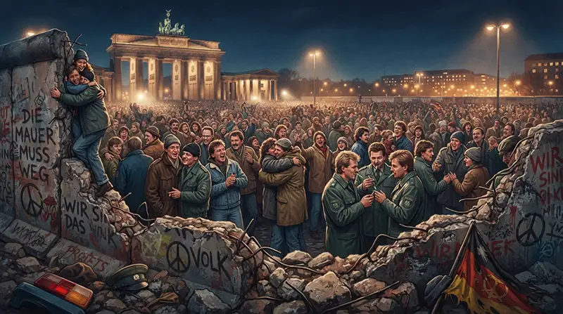 Multitud celebrando la caída del Muro de Berlín en 1989 entre fragmentos de hormigón y luces nocturnas.