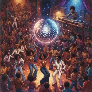 Pista de baile de los años setenta que representa la revolución de la música disco.
