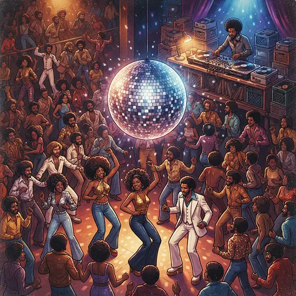 Pista de baile de los años setenta que representa la revolución de la música disco.