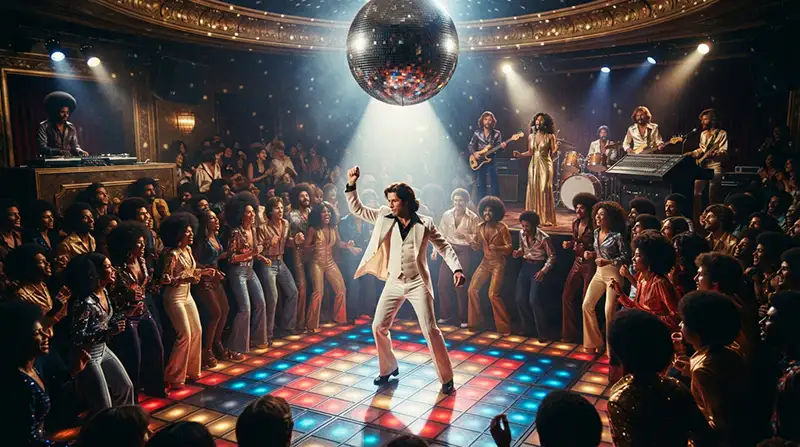 Bailarín con traje blanco en una pista iluminada que representa el auge mundial de la música disco en 1977.