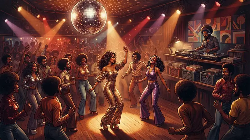 Pista de baile de un club disco de Nueva York en los años setenta con DJ, bailarines y luces de colores.