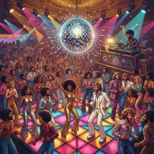 Disco Historia Trivia Pista de baile disco de los años setenta con DJ, bailarines y bola de espejos.