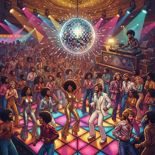 Pista de baile disco de los años setenta con DJ, bailarines y bola de espejos.