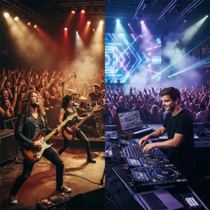 Una banda de rock y un DJ actuando frente al público para representar el debate sobre si ambos deben considerarse músicos.