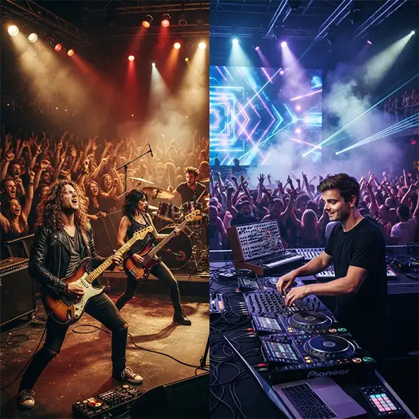 Una banda de rock y un DJ actuando frente al público para representar el debate sobre si ambos deben considerarse músicos.