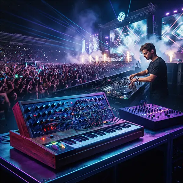 Electrónica Historia destacada Historia del género electrónica representada por un sintetizador clásico y un festival moderno de música electrónica.