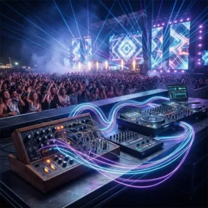 Electrónica Historia trivia Evolución de la música electrónica representada por un sintetizador clásico conectado a una moderna cabina de DJ frente a un festival.