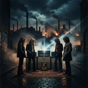 Escena simbólica sobre el origen del heavy metal, con músicos ficticios y un paisaje industrial que representa la convergencia de distintas influencias musicales.