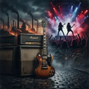 Heavy Metal Historia trivia Guitarra eléctrica rodeada de elementos que representan las distintas etapas de la historia y evolución del heavy metal.