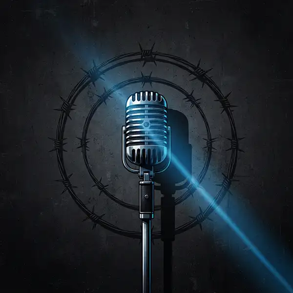 Ilustración conceptual que contrasta un micrófono de estudio con alambre de púas para el debate sobre "Heroes" de David Bowie.