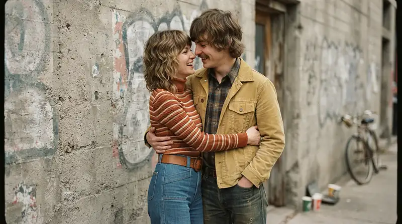 Pareja joven abrazándose junto a una pared de concreto con iluminación nostálgica recordando la inspiración de "Heroes".