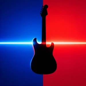 Ilustración conceptual con una guitarra eléctrica y franjas de neón para la trivia de "Heroes" de David Bowie.