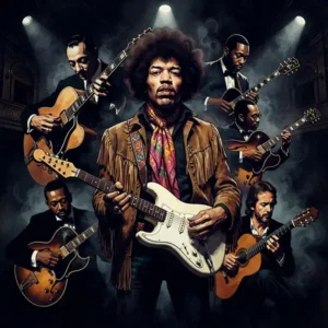 Jimi Hendrix Debate Jimi Hendrix rodeado por distintas generaciones de guitarristas en una representación visual del debate sobre quién es el mejor guitarrista de todos los tiempos.