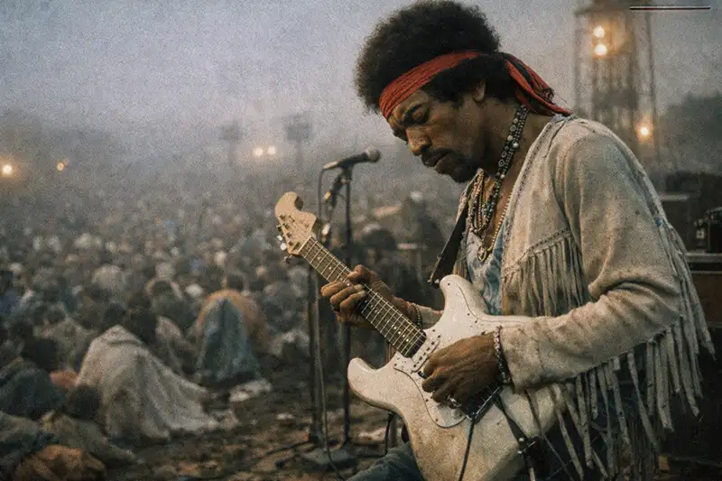 Jimi Hendrix interpreta su versión de The Star-Spangled Banner ante la multitud de Woodstock en 1969.