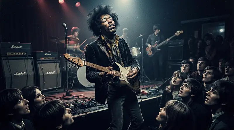 Jimi Hendrix tocando la guitarra en un escenario londinense durante los primeros años de su carrera.