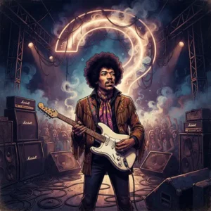 Jimi Hendrix con su guitarra frente a un signo de interrogación luminoso, representando una trivia sobre su vida y carrera musical.
