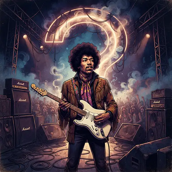 Jimi Hendrix con su guitarra frente a un signo de interrogación luminoso, representando una trivia sobre su vida y carrera musical.