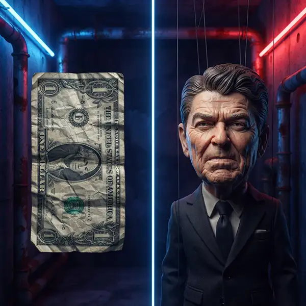 Ilustración conceptual que contrasta el sentido comercial con la sátira política de "Land of Confusion".
