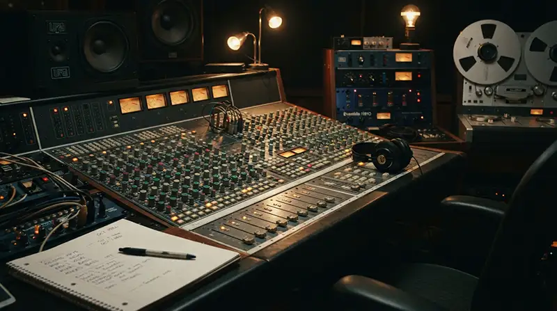 Consola de mezclas analógica en un estudio de grabación de los años ochenta evocando la producción de Genesis.