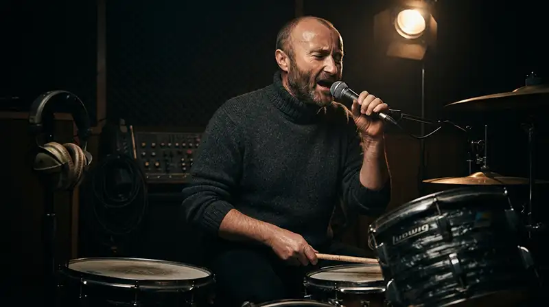 Retrato de un músico inspirado en Phil Collins interpretando un tema de rock en un estudio con iluminación dramática.
