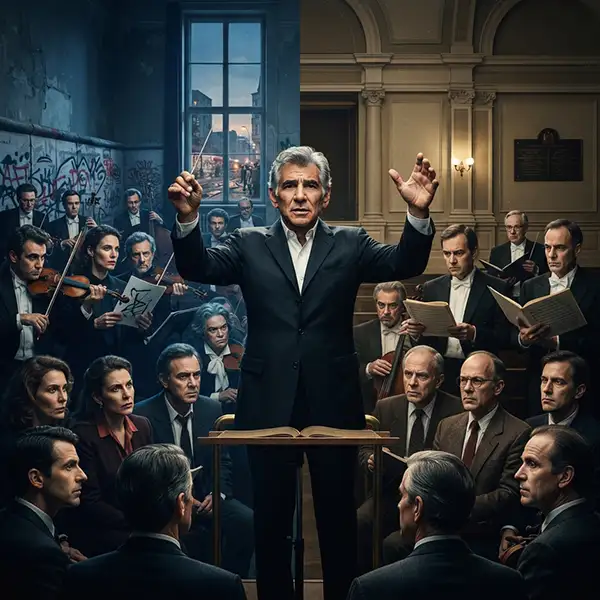 Leonard Bernstein dirige la Novena de Beethoven mientras se representa el conflicto entre libertad artística y fidelidad a la obra original.