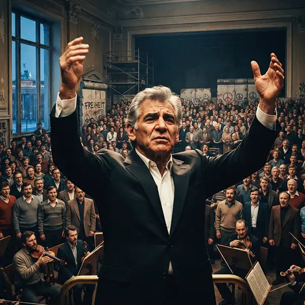 Leonard Bernstein dirige la Novena Sinfonía de Beethoven durante el histórico concierto de Navidad de 1989 en Berlín Este.