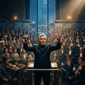 Leonard Bernstein dirige la Novena Sinfonía de Beethoven durante el histórico concierto de Berlín de 1989, recreado con estética cinematográfica.