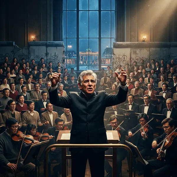 Leonard Bernstein dirige la Novena Sinfonía de Beethoven durante el histórico concierto de Berlín de 1989, recreado con estética cinematográfica.