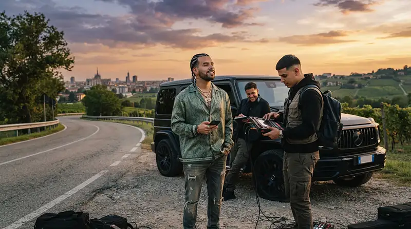 Músicos inspirados en Feid y ATL Jacob junto a un automóvil averiado durante el proceso de grabación de LUNA en Milán.