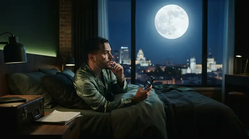 Joven compositor inspirado en Feid escribe y graba una canción en una habitación de Madrid mientras observa una luna gigante por la ventana.