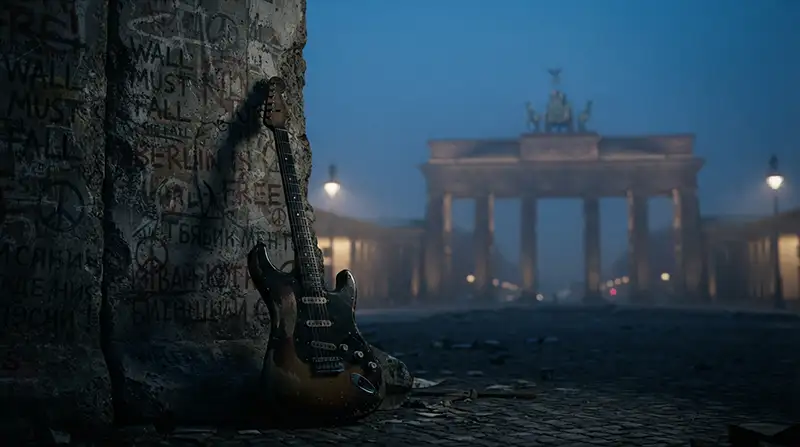 Guitarra frente a los restos del Muro de Berlín y la Puerta de Brandeburgo simbolizando el fin de la Guerra Fría.