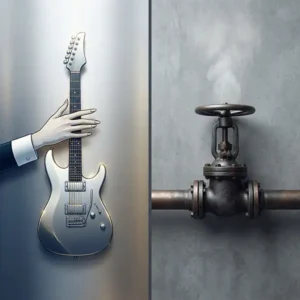 Muro de Berlín debate Ilustración conceptual que contrasta una guitarra eléctrica con una válvula de escape metálica sobre un fondo de concreto.