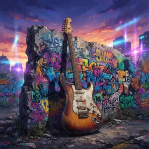 Muro de Berlín destacada Guitarra eléctrica junto al Muro de Berlín simbolizando la historia de la música y caída del muro de berlín.