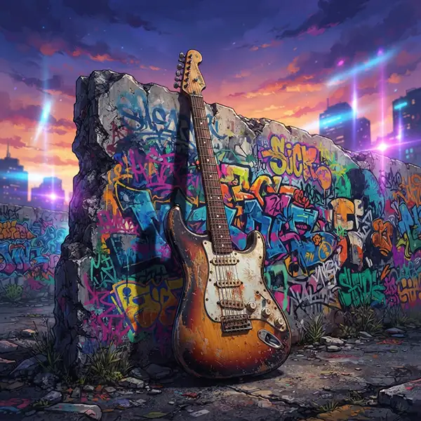 Guitarra eléctrica junto al Muro de Berlín simbolizando la historia de la música y caída del muro de berlín.