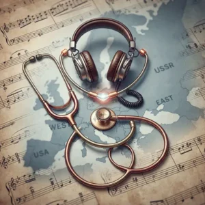Ilustración conceptual que combina elementos musicales y cartografía histórica para la trivia de la Guerra Fría.