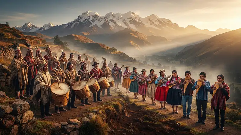 “Músicos andinos interpretando instrumentos tradicionales frente a los Andes en una representación histórica.”