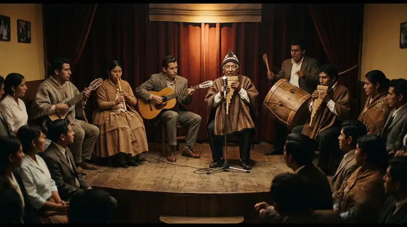 “Conjunto de músicos andinos interpretando charango, quena, zampoñas, guitarra y bombo durante el siglo XX.”