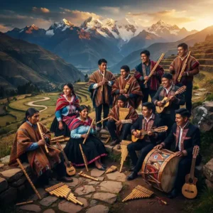 Músicos andinos con quena, zampoñas, charango y bombo frente a los Andes en una escena de trivia musical.