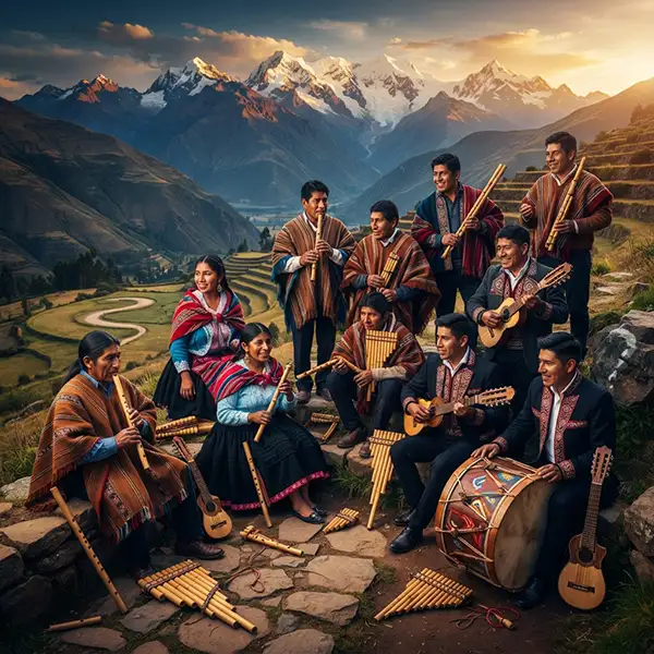 Músicos andinos con quena, zampoñas, charango y bombo frente a los Andes en una escena de trivia musical.